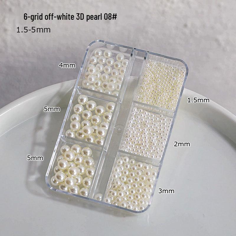 12-Grid Nail Art Pearls: Off-White Mixed Sizes, No Holes, Semi-Circular Boxed Decorations