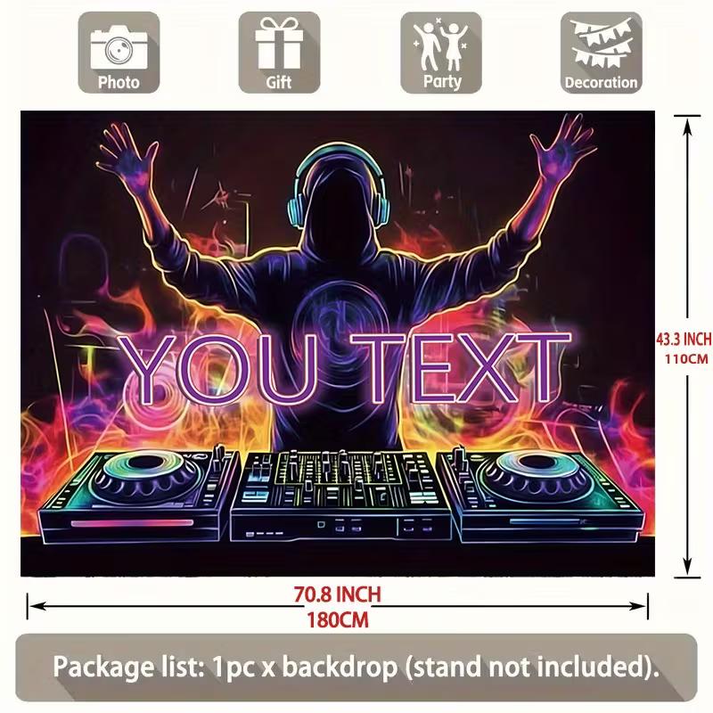 Neon DJ Wall Hanging, Personalized Text Music Party Backdrop for Club, Bar & Birthday Decor