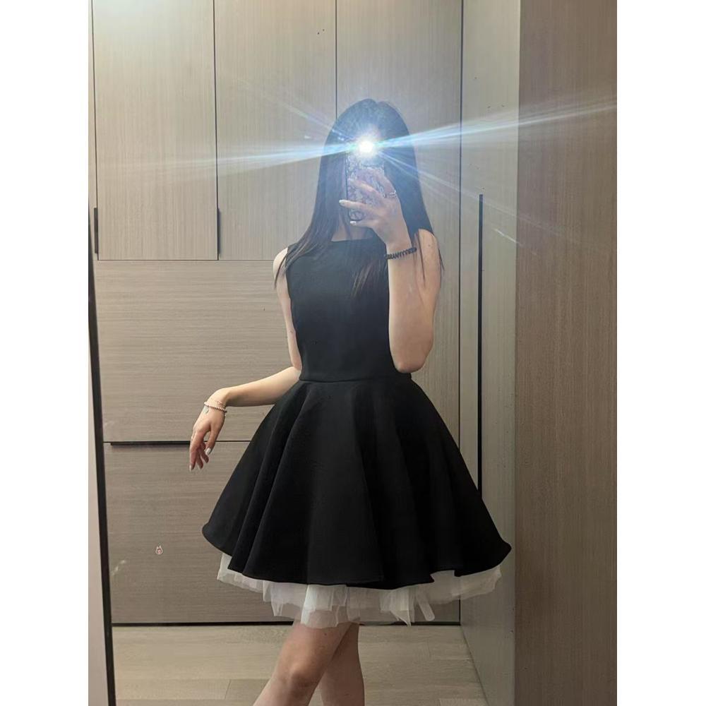Girly Temperament Waist Fluffy Ballet Style Small Black Dress French Hepburn Dress Contrasting Color Mesh Stitching Sleeveless