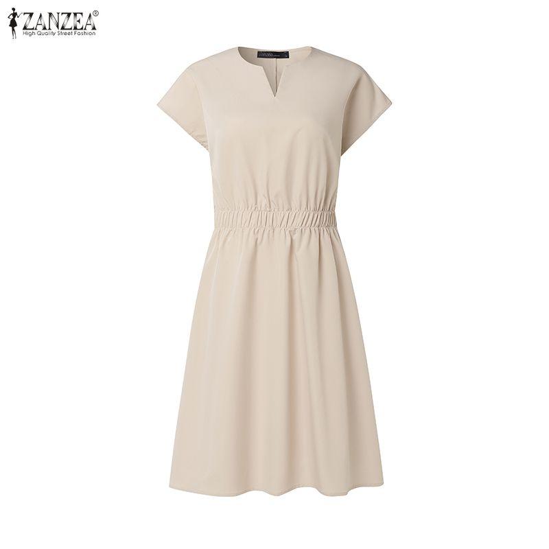 ZANZEA נשים קז'ואל צווארון V בצבע אחיד שמלת שרוול קצר
