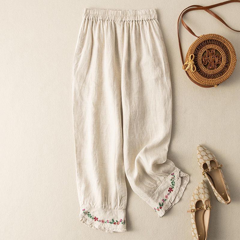 Women's Ethnic Embroidered Lace Trim Cotton Linen Harem Pants - Early Spring Loose Fit, Elastic Waist