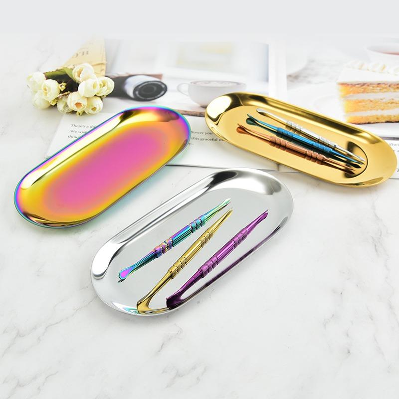 Stainless Steel Cosmetic Storage Tray Nail Art Manicure Plate Tweezers Clippers Pens Container False Nails Dish Tools Metal