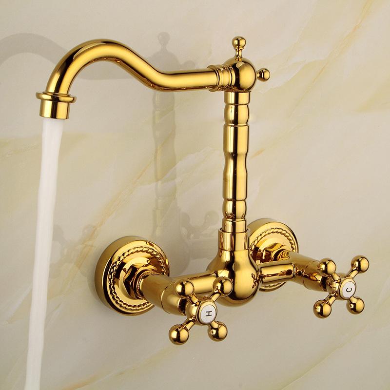 Luxury Gold Color Brass Bathroom Kitchen Sink Basin Faucet Mixer Tap Swivel Spout Wall Mounted Dual Cross Handles