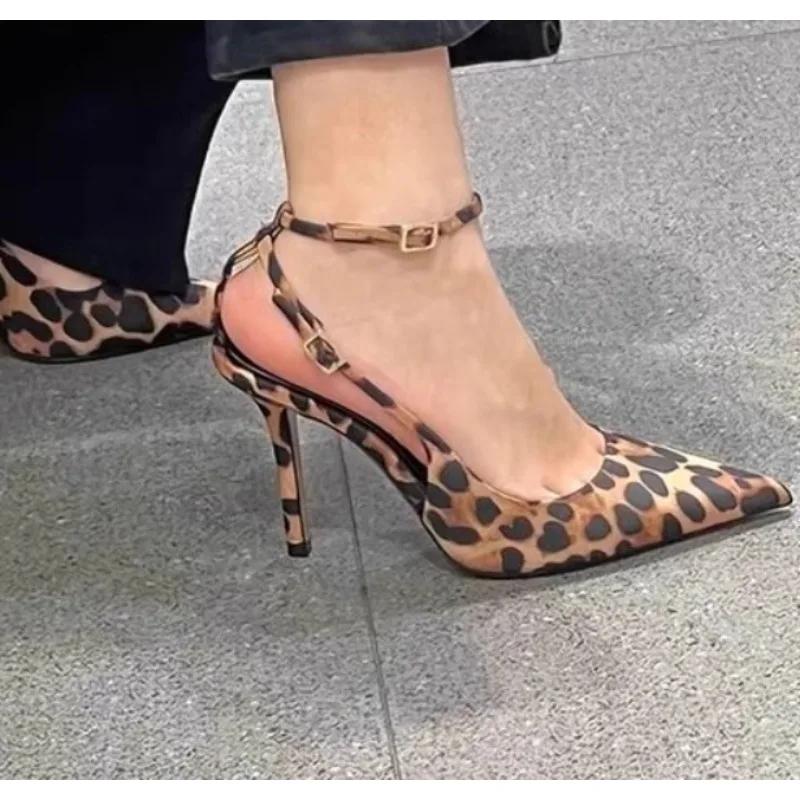 Nové dámské lodičky s leopardím potiskem a špičatou špičkou, podzimní designové mělké jehlové podpatky, velká velikost, pásek kolem kotníku, dámské vysoké podpatky, lodičky