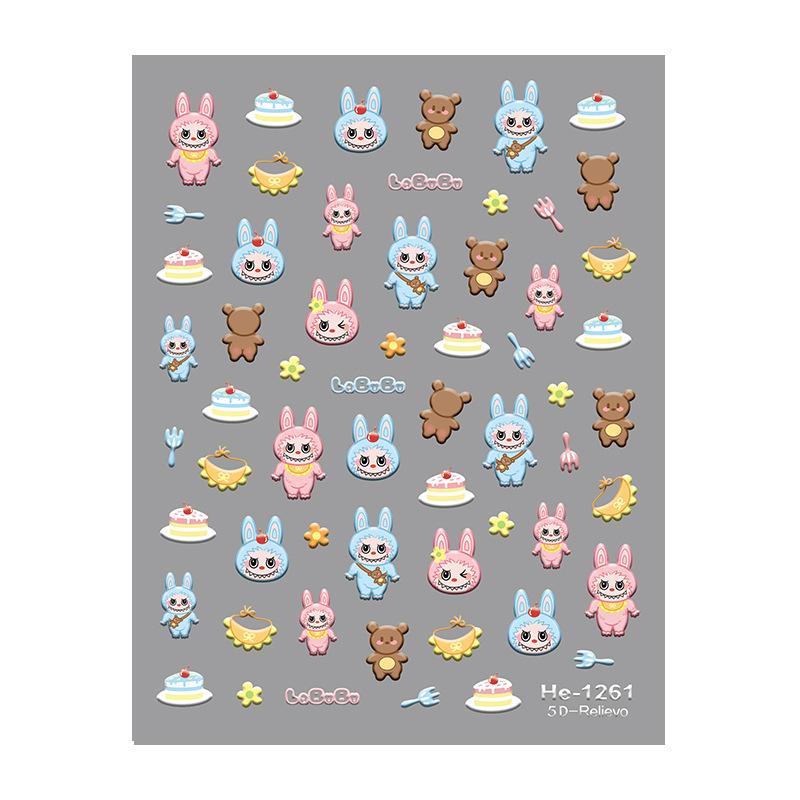 Søte Tegneserie 5D Labubu Negleklistremerker Kunstdekorasjon Kawaii Selvklebende Negledekor Dekaler Kunstklistremerker Neglemanikyr Tilbehør