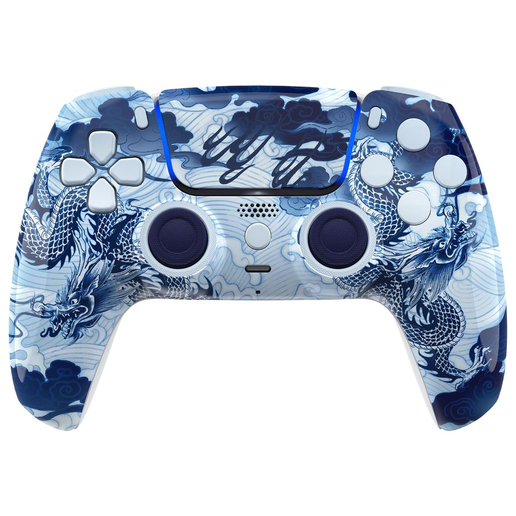 eXtremeRate Compatible with PS5 and Redesigned Luna Full Patterned Housing Button and Touchpad Custom Black Replacement Top and Bottom Covers for PS5