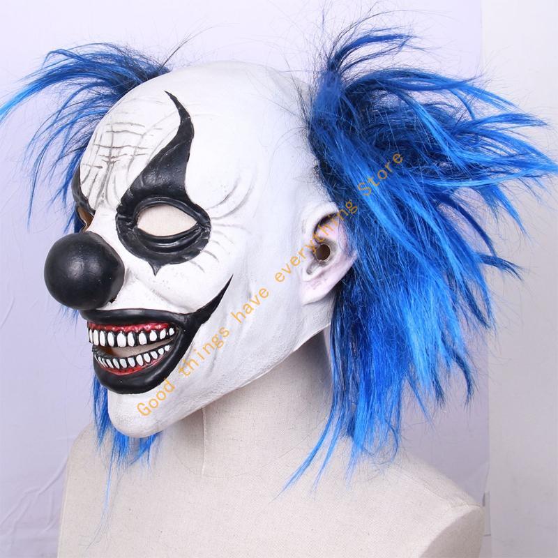 Realistic Latex Blue Hair Smiling Clown Mask Halloween Headgear Party Cosplay Scary Props 55KF