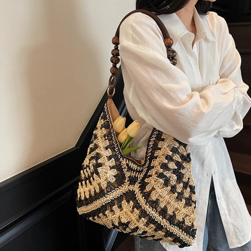 Yogodlns Trendy Hollow Out Straw Woven Bag Beach Handbag Large Capacity Bohemian Beach Bag Bucket Bag Tote Bag Hollow Shoulder Bag Travel