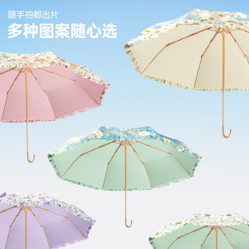 

New three-fold hand-opened small gold hook colored glue fabric digital lace umbrella retro sunscreen parasol