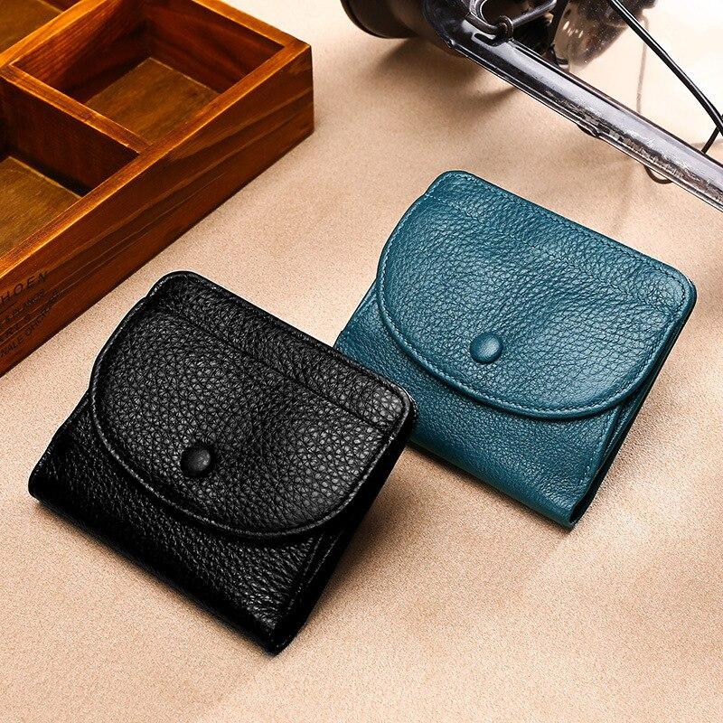 Coin Purse First Layer Natural Milled Cowhide Solid Color Buckle Small Wallet Genuine Leather Wallet Short Style Soft Clutch Bag