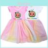Cocomelon Kids Girl Princess Dress With Short Sleeve Cartoon Anime Print And Breathable Mesh Fabric