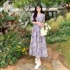 2025 Korean Retro Floral Waist-Slimming Purple Dress with Bubble Sleeves