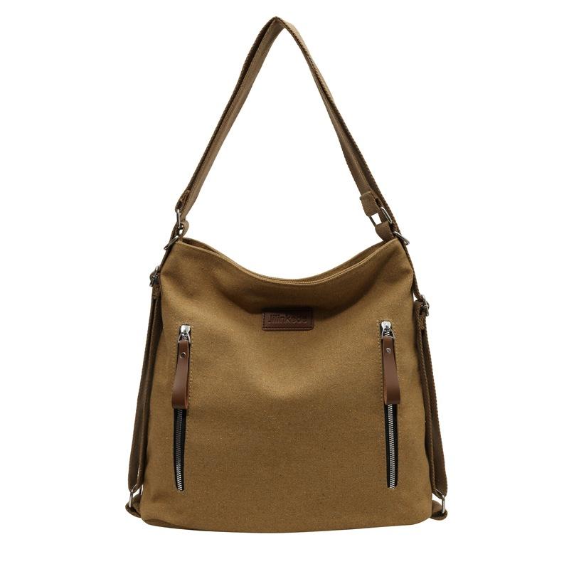 Double zipper shoulder bag New canvas Large capacity simple casual oblique span bag Multifunctional commuter backpack