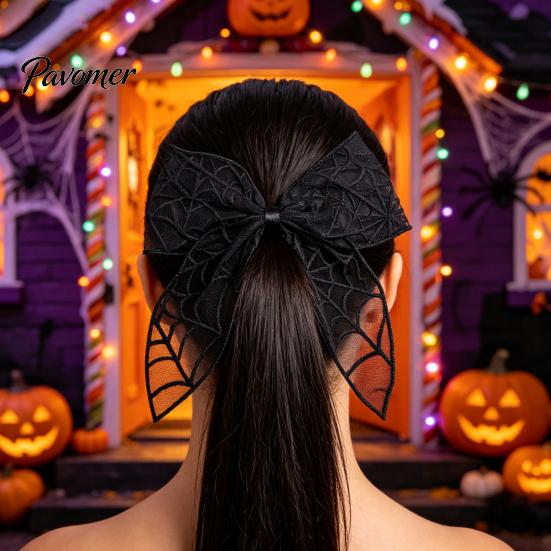 Mesh Bow Hair Clip Halloween Bat Spring Clips, Black White Lace Spider Web Holiday Themed Barrettes, Gothic Dark Style for Women Cosplay Costume