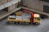 Gaincorp Products 1/64 Mitsubishi Fuso Fighter (1024) with Crane, Yellow (Includes Cement Pipe and Wooden Box), Finished Model, KS082-489