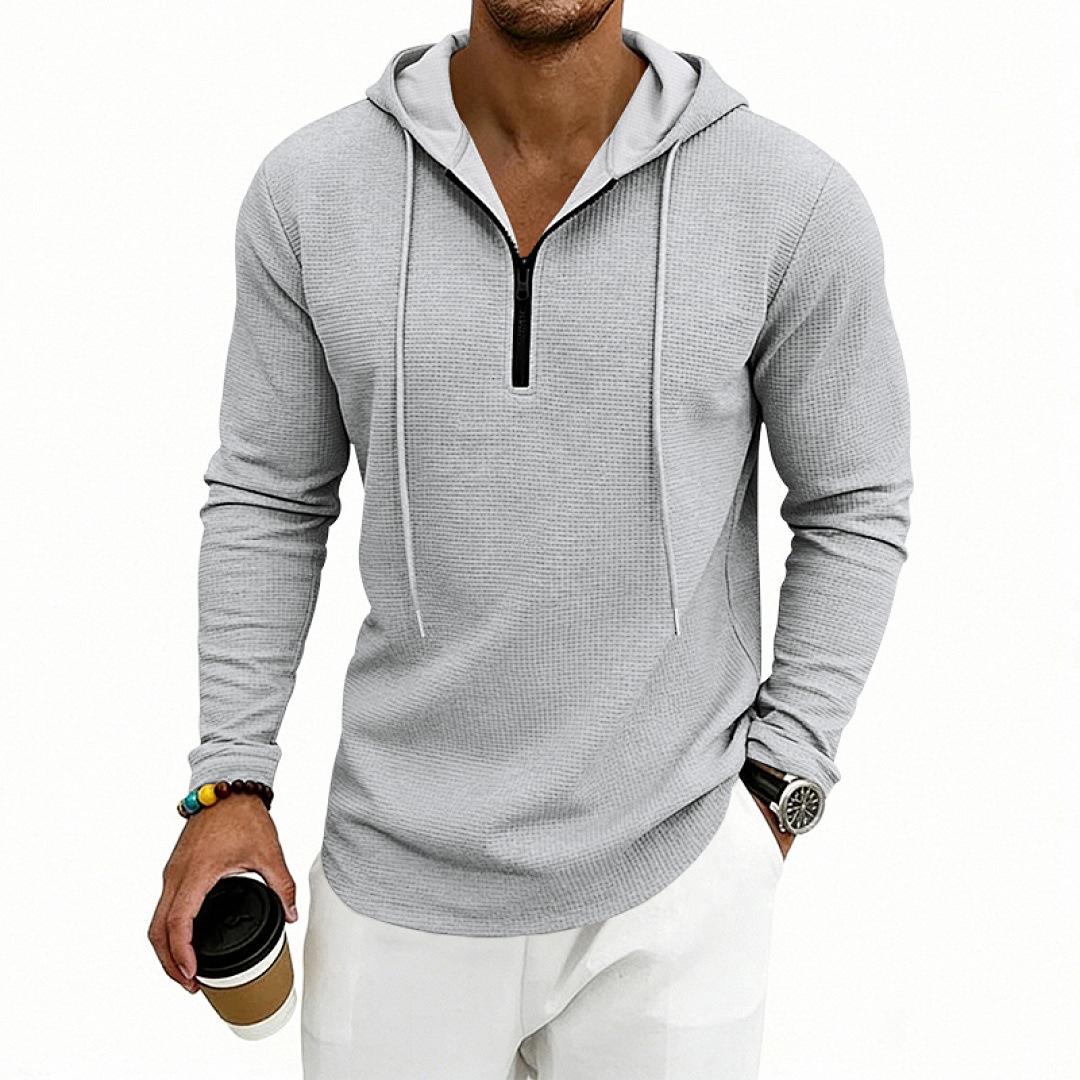 Mens Waffle Knit Loose Casual Hooded Zip Up Long Sleeve Top S
