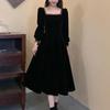 Hepburn Style Petite Black A-Line Dress with Puff Sleeves and Square Neck for Spring/Autumn