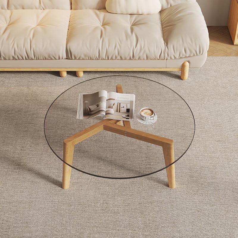 Round Glass Coffee Table with Solid Wood Legs