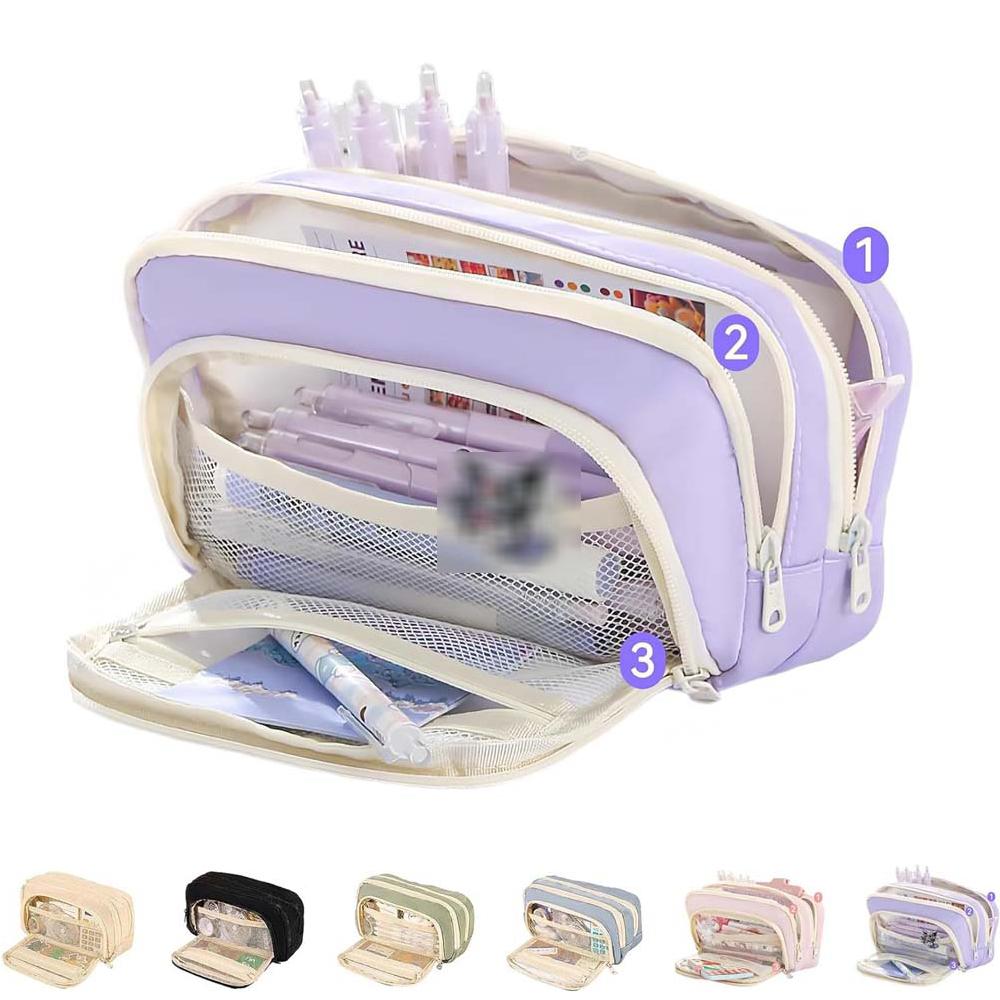 

Пенал большой емкости, 3 отделения, простое хранение, эстетичный пенал, пенал большой емкости фиолетовый