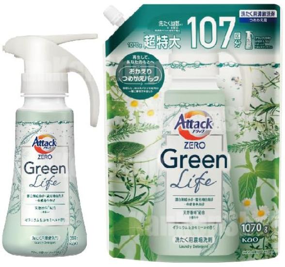 Kao Attack ZERO Green Life Type Laundry 380g Extra Large Refill One-Hand Clothes, (main bottle) + (1070g)