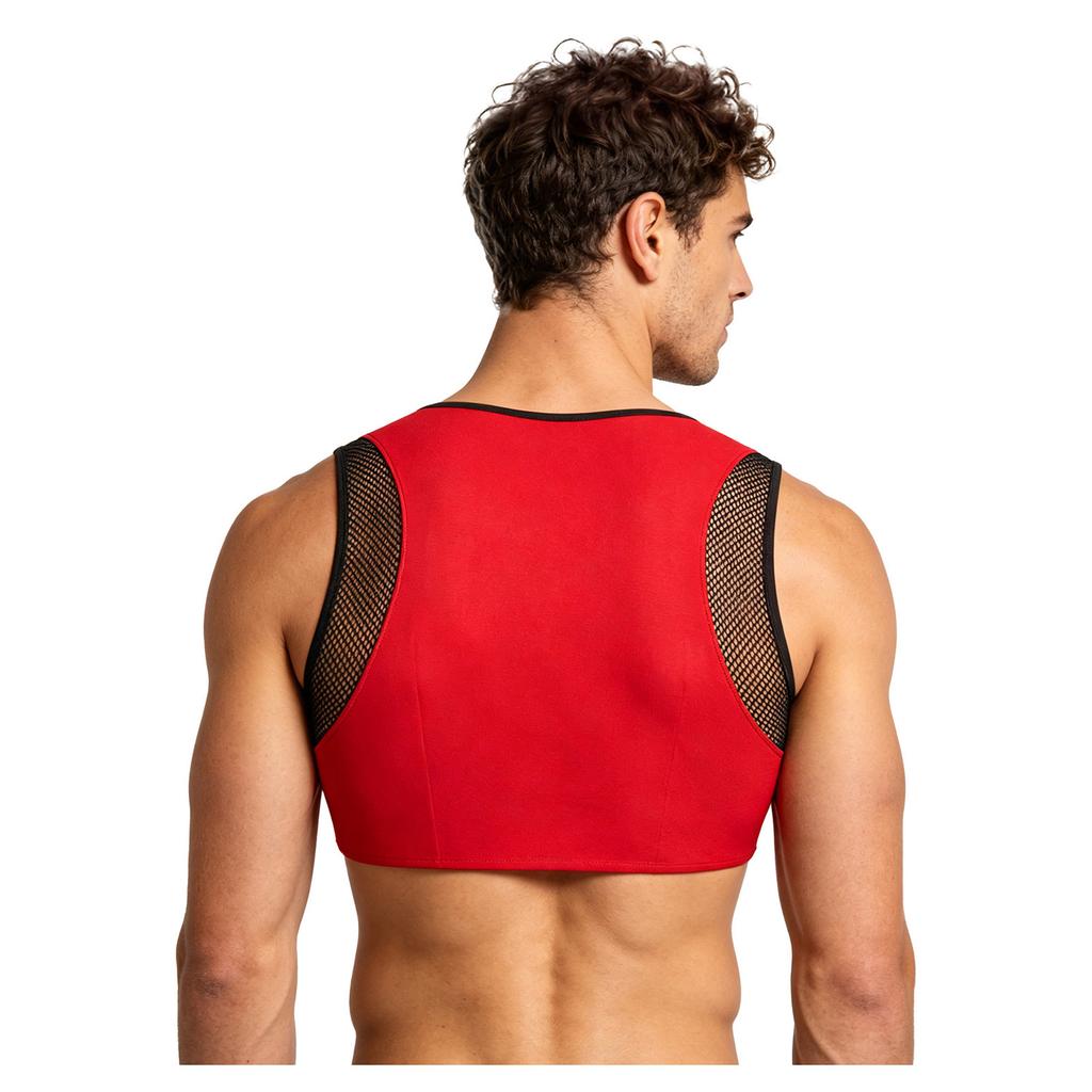 Men Mesh Patchwork Crop Top Sleeveless Front Hollow Out Buckle Color Block Vest Tank for Wrestling Running Training Workout