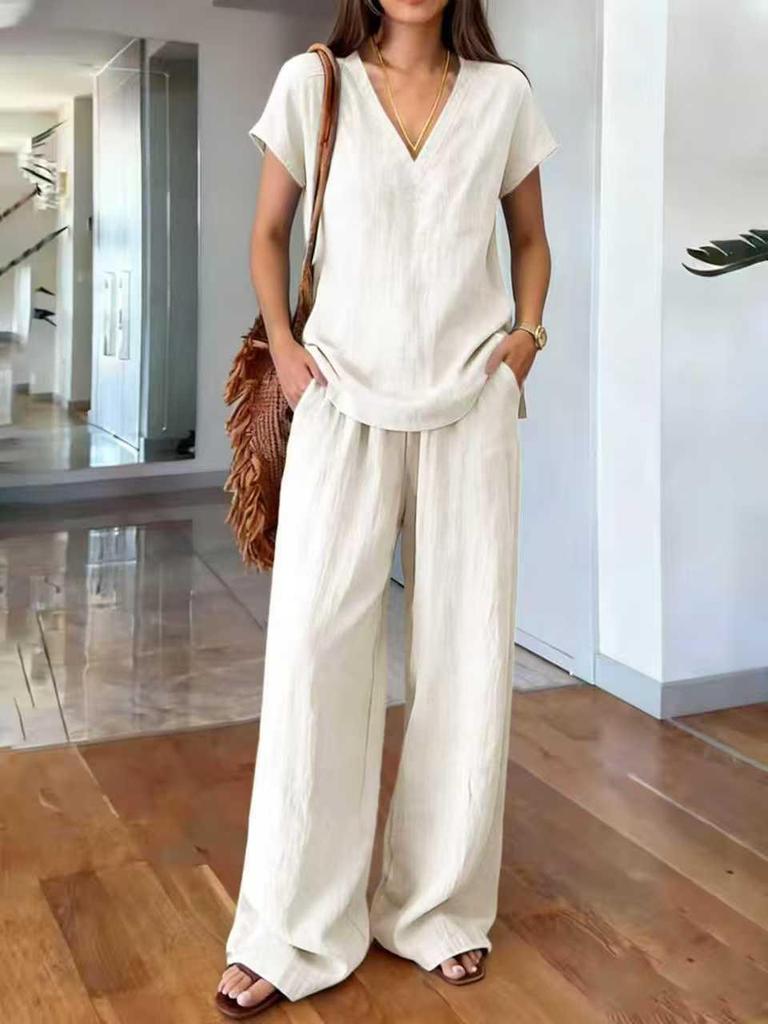 2026 Europe & US Solid Color V-neck Short Sleeve T-shirt with Wide-Leg Pants Women's Summer Fashion Set