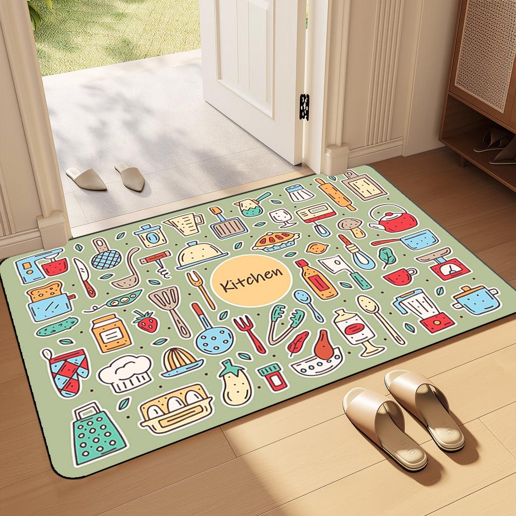 Cartoon Graffiti Knife and Fork Soft Kitchen Non-slip Floor Mat, Kitchen Carpet Mat, Washable Home Decoration Carpet Mat