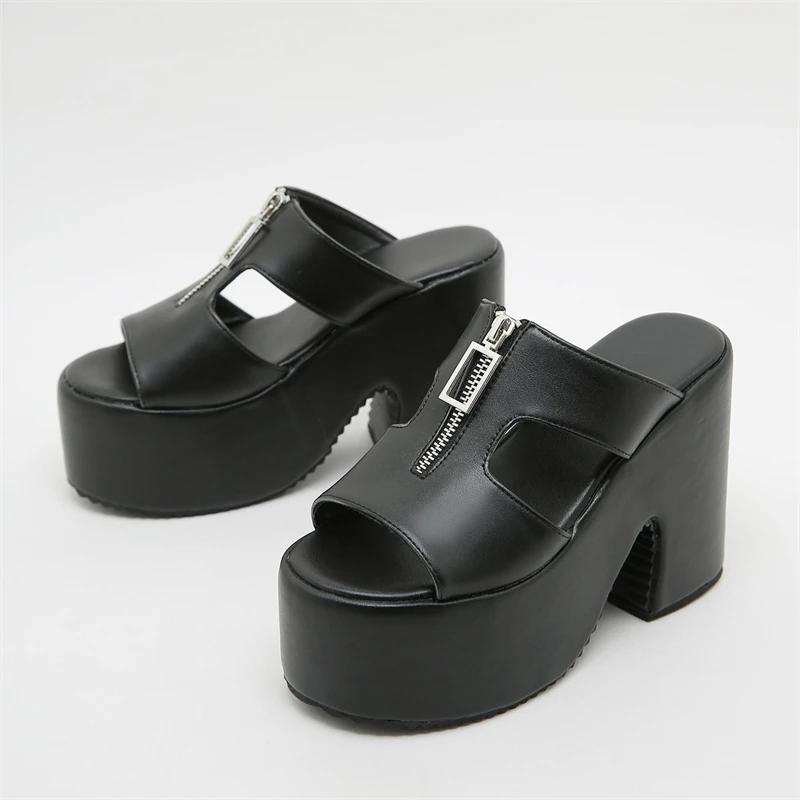 

Eilyken Summer Square Toe Women Slippers Designer Punk Chunky Platform Heels Zipper Slides Shoes Large Size 43 34 чёрный