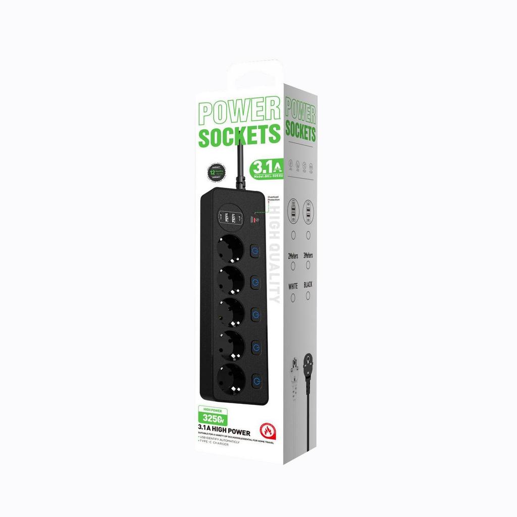 Independent Switch Control 5-Outlet Power Strip with 2 Type-C & 2 USB Ports, Overload Protection
