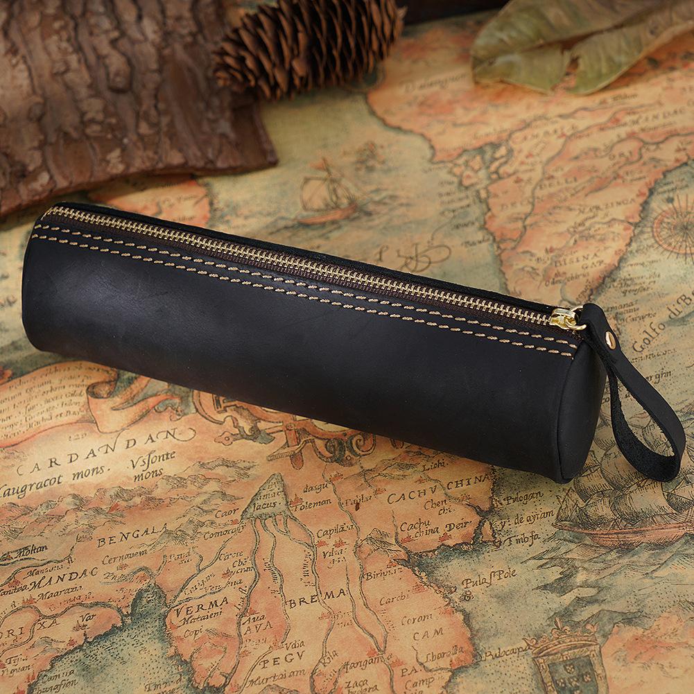 2026 Retro Leather Storage Pencil Bag, First Layer of Crazy Horse Leather Handmade Student Stationery Storage Bag