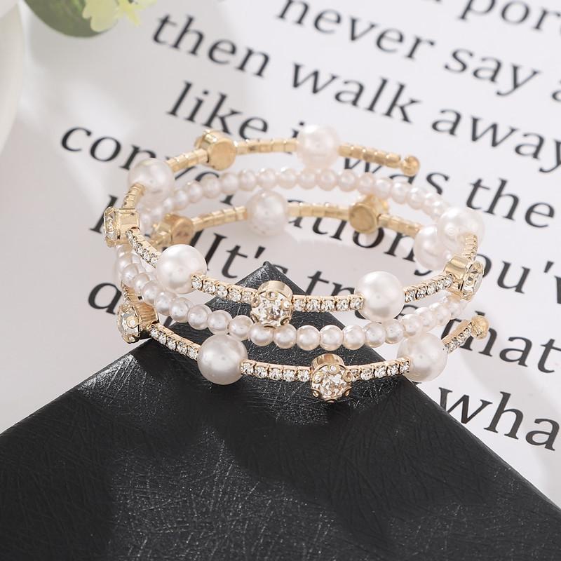 Elastisches Offenes Armband Strassstein Perle Mehrschichtiges Armband Wickelarmband Mehrreihiges Perlen Strassstein Armband