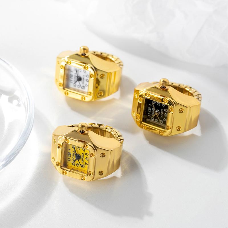 Creative Punk Square Dial Quartz Watches Rings For Women Men Couples Mini Elastic Strap Alloy Watch Finger Ring Jewelry