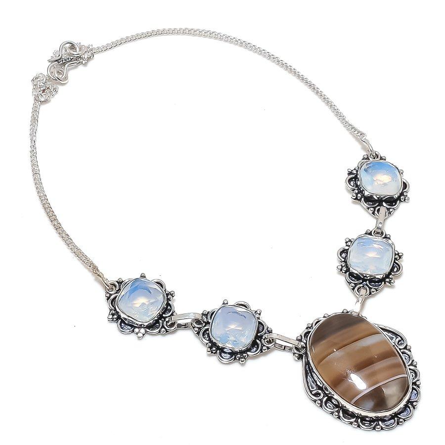 Natural Banded Agate, Opal 925 Sterling Silver Jewelry Necklace 18" c2r84