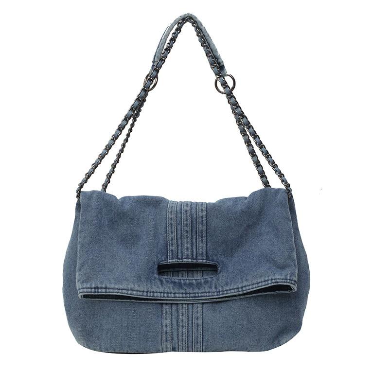 Women's Denim Shoulder Bag, Large Capacity Chic Crossbody Bag with Chain Strap, Casual Trendy Versatile Handbag