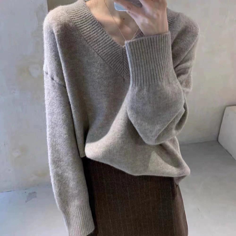 Solider V-Ausschnitt Pullover Langarm Strickpullover Elegante Mode Harajuku Schlanke Passform Damenkleidung Locker Lässig Alleskönner Oberteile