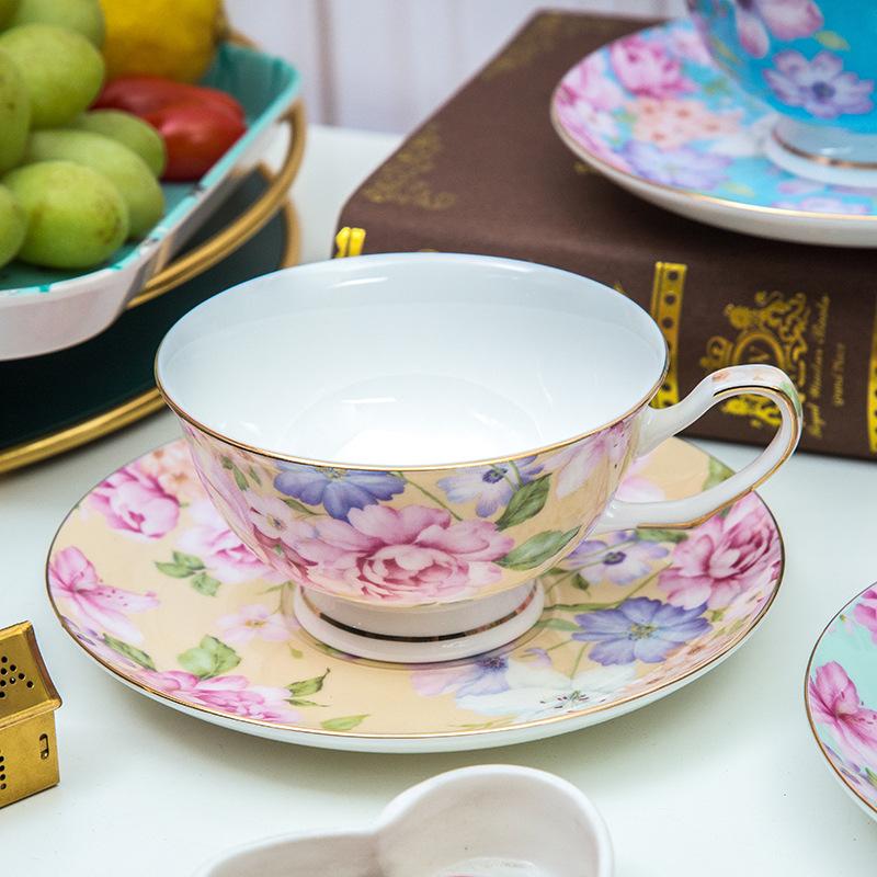 Tea Cup and Saucers Floral Tea Cups with Gold Trim Porcelain Bone China Teacup Coffee Cappuccino Espresso Latte Mugs for Party