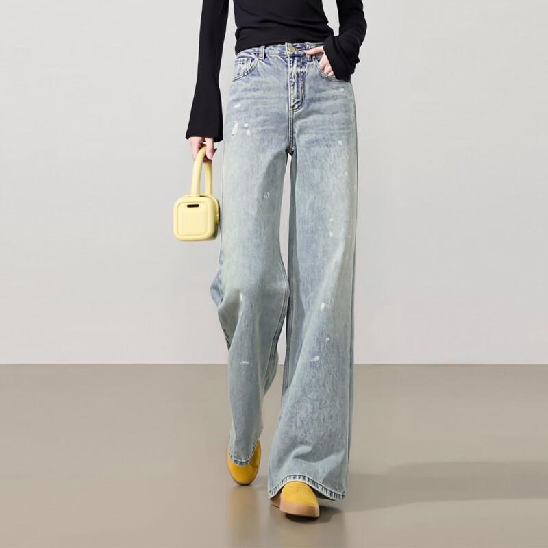 Women s Retro Ink-Splashed Wide-Leg Denim Jeans M