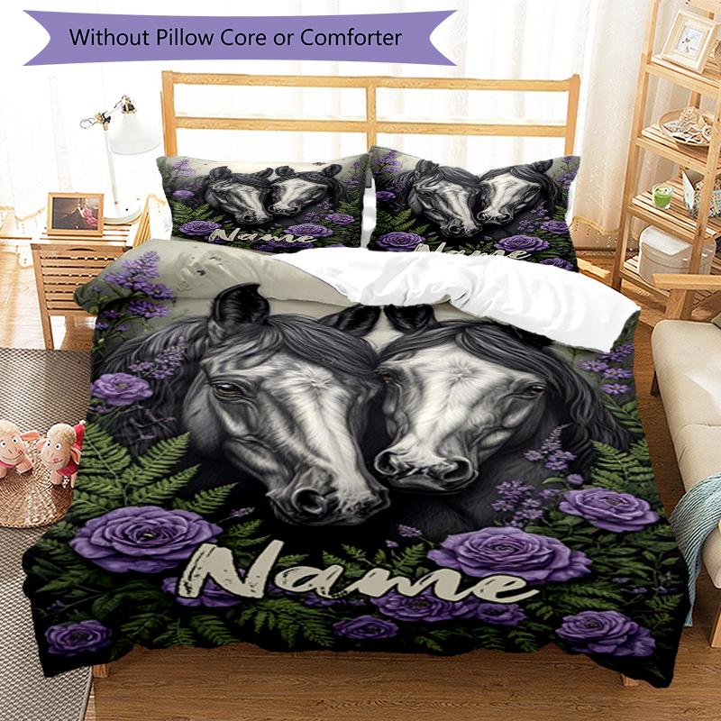 3pcs Custom Name Horse Bedding Set Duvet Cover Closure Includes 1 Duvet Cover & 2 Pillowcases, Soft and Comfortable for All Seasons.