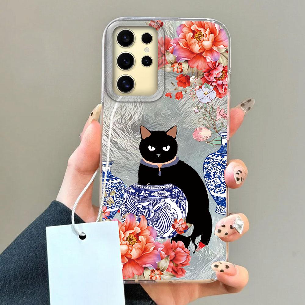 Luxury Black Cat Flower Glacier Texture Phone Case for Samsung Galaxy S25 S24 S23 S22 S21 FE Plus Ultra Shell Silicone TPU Cover