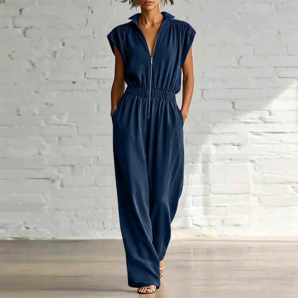 Women V Neck Short Sleeve Jumpsuit Casual Loose Fit Elastic Waist Full Length Romper with Pockets Zipper Front Design