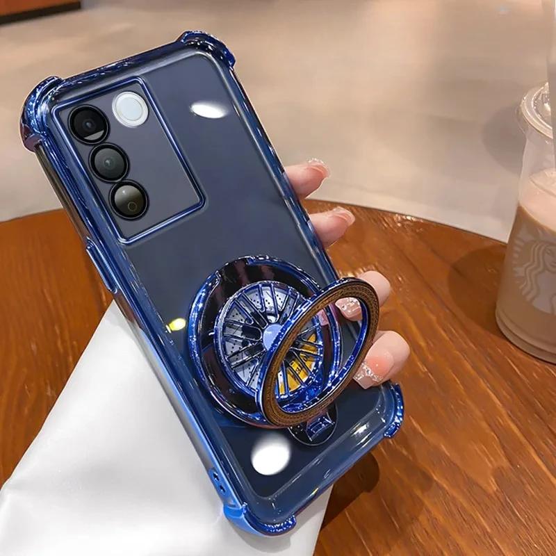 Shockproof Transparent Plating Gyro Phone Holder Case For Samsung Galaxy A16 A06 A15 A25 A35 A55 A14 A24 A34 A54 4G 5G Cover