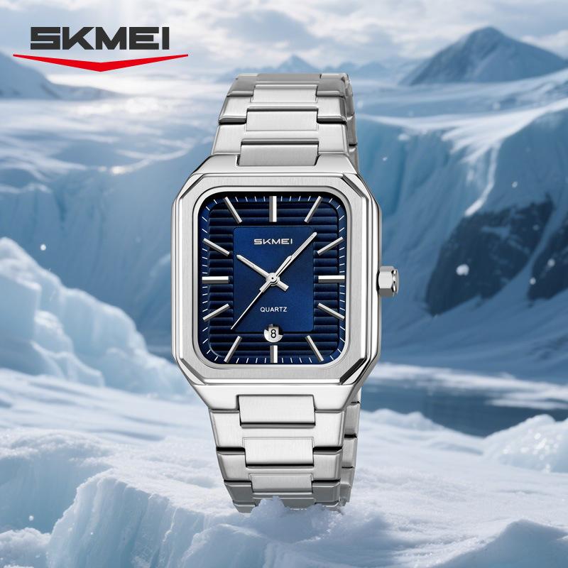 SKMEI Luxury Business Square Quartz Watches Classic Stripe Design Dial with Stainless Steel Band Wristwatch for Men