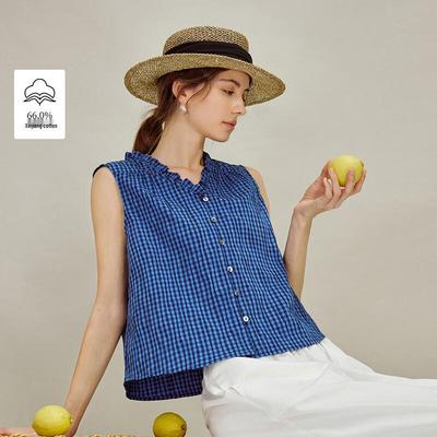 INMAN Women's Retro Plaid Ruffle Sleeveless V-Neck Top