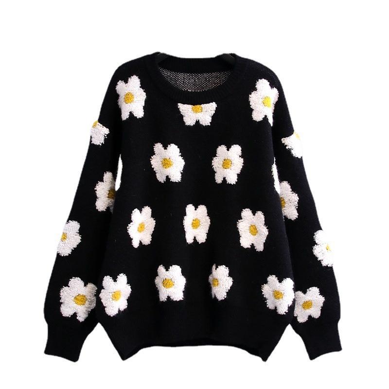 Autumn and winter new three-dimensional daisy thickened black and white contrasting knitted sweater pullover for women 3543 EMA