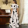 Women Plus Size V Neck Short Sleeve Blue White Printed Straight Maxi Dress