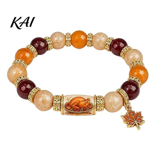 Elastic Fit Beaded Jewelry Thanksgiving Bracelet for Women, Holiday with Commemorative Daily Wear Maple Leaf Charm, Stretch Fall Harvest Stackable