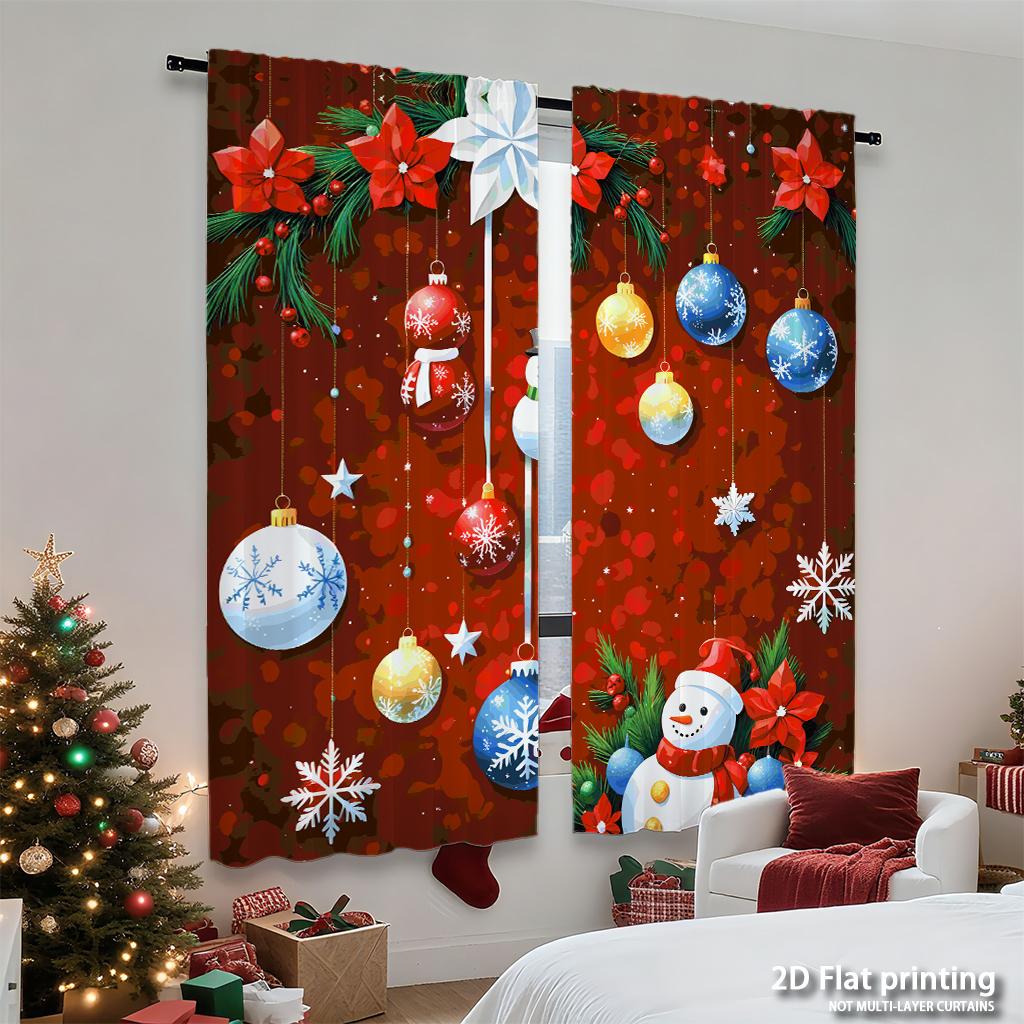 Piece Set High Definition Digital Printed Curtainsred Background Christmas Ornaments Snowman Festive Holiday Decorhome Deco Curtain Made Of Polyester