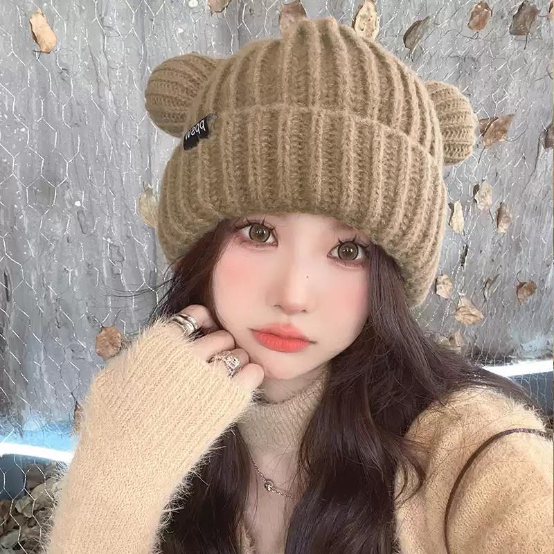 Cute Bear Knitted Wool Hat For Cycling Warm Cartoon Earmuffs Autumn And Winter