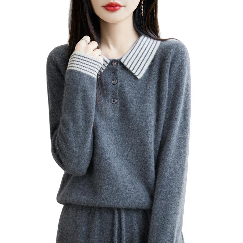 College Style Color Block Polo Neck 100% Wool Sweater - Autumn/Winter Casual Loose Knit