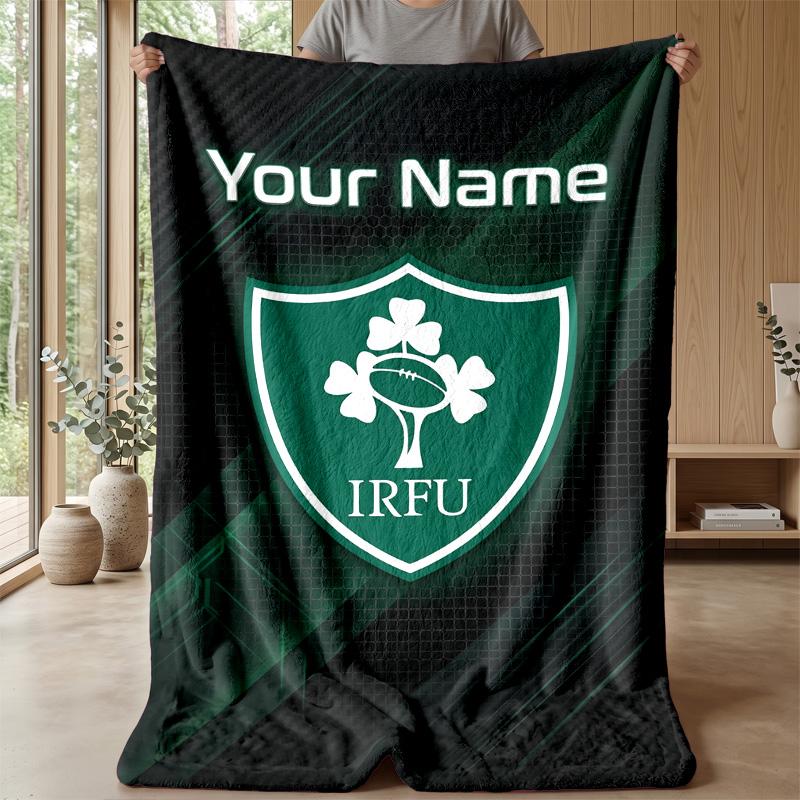 Ireland Rugby Custom Flannel Throw Blanket Print Your Name Text Soft Warm Blanket Holiday Present